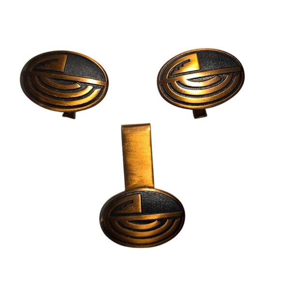 Cufflinks tie clip bar set Copper Black Oval western modern geometric men - Picture 1 of 4